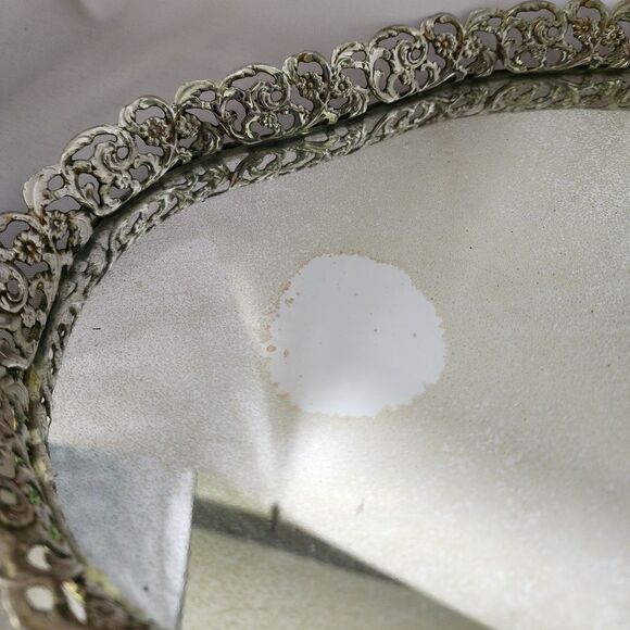 Vintage Ornate Metal Art Deco Vanity Mirrored Tray - Picture 5 of 12